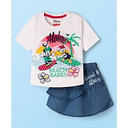 Babyhug Disney Single Jersey Knit Half Sleeves T-Shirt & Skirt Set with Minnie & Friends Graphic - Navy Blue & White