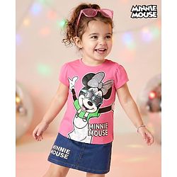 Babyhug Disney Single Jersey Knit Half Sleeves Top & Denim Skirt with Minnie Mouse Graphic - Pink & Blue