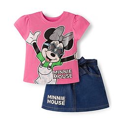 Babyhug Disney Single Jersey Knit Half Sleeves Top & Denim Skirt with Minnie Mouse Graphic - Pink & Blue