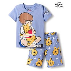 Babyhug Disney Single Jersey Knit Half Sleeves Shorts Night Suit With Winnie & Friends Graphics - Light Blue