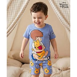 Babyhug Disney Single Jersey Knit Half Sleeves Shorts Night Suit With Winnie & Friends Graphics - Light Blue