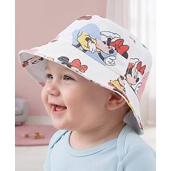 Babyhug Disney Cotton Woven Summer Cap with Minnie Mouse Print White - Diameter 23 cm