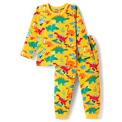 Babyhug Cotton Knit Full Sleeves Co-ords Night Suit with Dino Print - Yellow