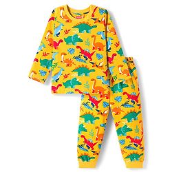 Babyhug Cotton Knit Full Sleeves Co-ords Night Suit with Dino Print - Yellow