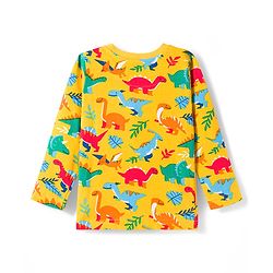Babyhug Cotton Knit Full Sleeves Co-ords Night Suit with Dino Print - Yellow