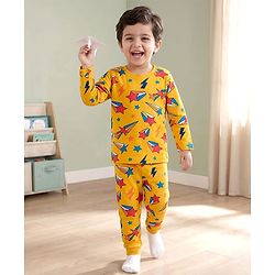 Babyhug Cotton Knit Full Sleeves Co-ords Night Suit with Star Print - Yellow