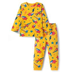 Babyhug Cotton Knit Full Sleeves Co-ords Night Suit with Star Print - Yellow
