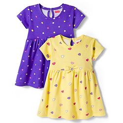 Babyhug Single Jersey Knit Half Sleeves Polka Dot & Heart Printed Frocks with Bow Applique Pack of 2 - Yellow & Purple