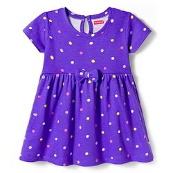 Babyhug Single Jersey Knit Half Sleeves Polka Dot & Heart Printed Frocks with Bow Applique Pack of 2 - Yellow & Purple