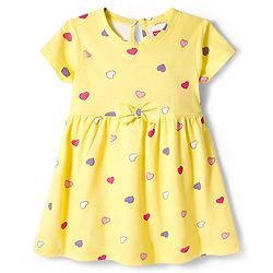 Babyhug Single Jersey Knit Half Sleeves Polka Dot & Heart Printed Frocks with Bow Applique Pack of 2 - Yellow & Purple