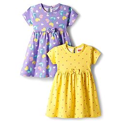 Babyhug Single Jersey Knit Half Sleeves Floral Heart & Print Printed Frocks with Bow Applique Pack of 2 - Yellow & Lilac