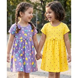 Babyhug Single Jersey Knit Half Sleeves Floral Heart & Print Printed Frocks with Bow Applique Pack of 2 - Yellow & Lilac