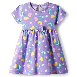 Babyhug Single Jersey Knit Half Sleeves Floral Heart & Print Printed Frocks with Bow Applique Pack of 2 - Yellow & Lilac