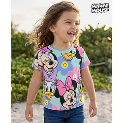 Babyhug Disney Single Jersey Knit Half Sleeves T-Shirt with Minnie Mouse & Daisy Print - Light Blue