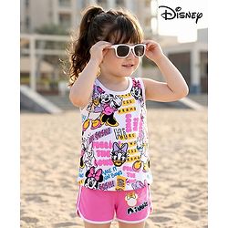 Babyhug Disney Single Jersey Knit Sleeveless T-Shirt & Shorts Set With Minnie Mouse Graphics - White & Pink