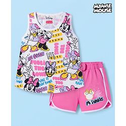 Babyhug Disney Single Jersey Knit Sleeveless T-Shirt & Shorts Set With Minnie Mouse Graphics - White & Pink