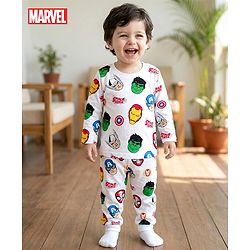 Babyhug Marvel Single Jersey Knit Full Sleeves Co-ords Night Suit With Avengers Print - White
