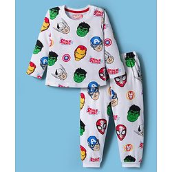 Babyhug Marvel Single Jersey Knit Full Sleeves Co-ords Night Suit With Avengers Print - White