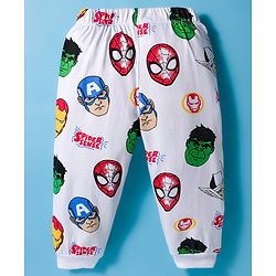 Babyhug Marvel Single Jersey Knit Full Sleeves Co-ords Night Suit With Avengers Print - White