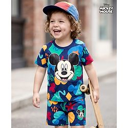 Babyhug Disney Single Jersey Knit Half Sleeves T-Shirt & Shorts Co-ord Set With Mickey Mouse Graphics - Navy Blue