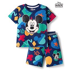 Babyhug Disney Single Jersey Knit Half Sleeves T-Shirt & Shorts Co-ord Set With Mickey Mouse Graphics - Navy Blue
