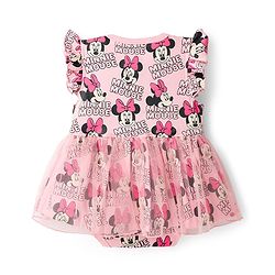 Babyhug Disney Interlock Knit Frill Sleeves Frock Style Onesies With Minnie Mouse Print - Pink