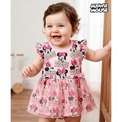 Babyhug Disney Interlock Knit Frill Sleeves Frock Style Onesies With Minnie Mouse Print - Pink