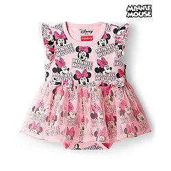 Babyhug Disney Interlock Knit Frill Sleeves Frock Style Onesies With Minnie Mouse Print - Pink