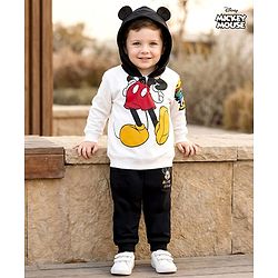 Babyhug Disney Terry Knit Drop Shoulder Full Sleeves Hooded Sweatshirt & Joggers Set with Mickey Mouse Graphic & 3D Applique - White & Black