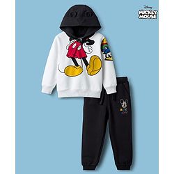 Babyhug Disney Terry Knit Drop Shoulder Full Sleeves Hooded Sweatshirt & Joggers Set with Mickey Mouse Graphic & 3D Applique - White & Black
