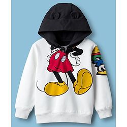 Babyhug Disney Terry Knit Drop Shoulder Full Sleeves Hooded Sweatshirt & Joggers Set with Mickey Mouse Graphic & 3D Applique - White & Black