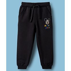 Babyhug Disney Terry Knit Drop Shoulder Full Sleeves Hooded Sweatshirt & Joggers Set with Mickey Mouse Graphic & 3D Applique - White & Black