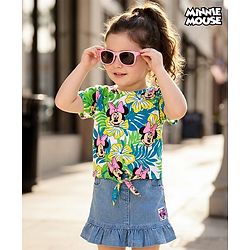 Babyhug Disney Single Jersey Knit Half Sleeves Top  & Denim Skirt Set with Minnie Mouse Graphic & Badge Detailing - Multicolor