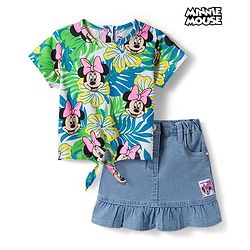 Babyhug Disney Single Jersey Knit Half Sleeves Top  & Denim Skirt Set with Minnie Mouse Graphic & Badge Detailing - Multicolor