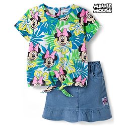 Babyhug Disney Single Jersey Knit Half Sleeves Top  & Denim Skirt Set with Minnie Mouse Graphic & Badge Detailing - Multicolor