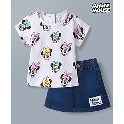 Babyhug Disney Single Jersey Knit Half Sleeves Top & Denim Skirt Set with Minnie Mouse Graphic - Multicolor