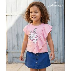 Babyhug Disney Single Jersey Knit Half Sleeves Top & Denim Skirt Set With Aristocrats Marie Graphics - Pink & Blue