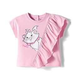 Babyhug Disney Single Jersey Knit Half Sleeves Top & Denim Skirt Set With Aristocrats Marie Graphics - Pink & Blue