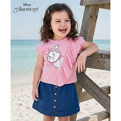Babyhug Disney Single Jersey Knit Half Sleeves Top & Denim Skirt Set With Aristocrats Marie Graphics - Pink & Blue