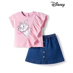 Babyhug Disney Single Jersey Knit Half Sleeves Top & Denim Skirt Set With Aristocrats Marie Graphics - Pink & Blue