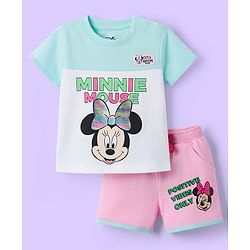 Babyhug Disney Single Jersey Knit Half Sleeves Cut & Sew T-Shirt & Shorts Set with Minnie Moues Graphic & Badge Detailing - Multicolor