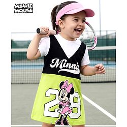 Babyhug Disney Single Jersey Knit Half Sleeves Dress with Minnie Mouse Graphic & Badge Detailing - Multicolor