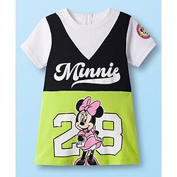 Babyhug Disney Single Jersey Knit Half Sleeves Dress with Minnie Mouse Graphic & Badge Detailing - Multicolor