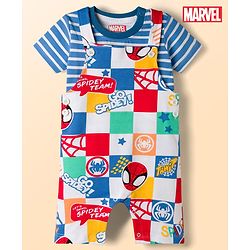 Babyhug Marvel Single Jersey Knit Half Sleeves Striped T-Shirt & Dungaree with Spiderman Print - Multicolor