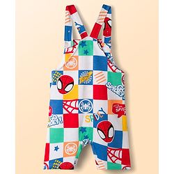 Babyhug Marvel Single Jersey Knit Half Sleeves Striped T-Shirt & Dungaree with Spiderman Print - Multicolor