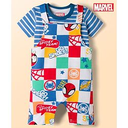 Babyhug Marvel Single Jersey Knit Half Sleeves Striped T-Shirt & Dungaree with Spiderman Print - Multicolor