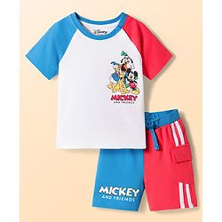 Babyhug Disney Single Jersey Knit Half Raglan Sleeves Cut & Sew T-Shirt & Shorts Set with Mickey Mouse & Family Front & Back Print - Multicolor