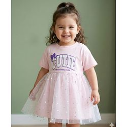 Babyhug Cotton Knit Half Sleeves Frock With Cutie Print - Pink