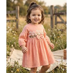 Babyhug Cotton Woven Half Sleeves Drop Shoulder Antibacterial Frock With Floral Embroidery - Orange