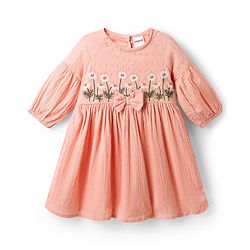Babyhug Cotton Woven Half Sleeves Drop Shoulder Antibacterial Frock With Floral Embroidery - Orange